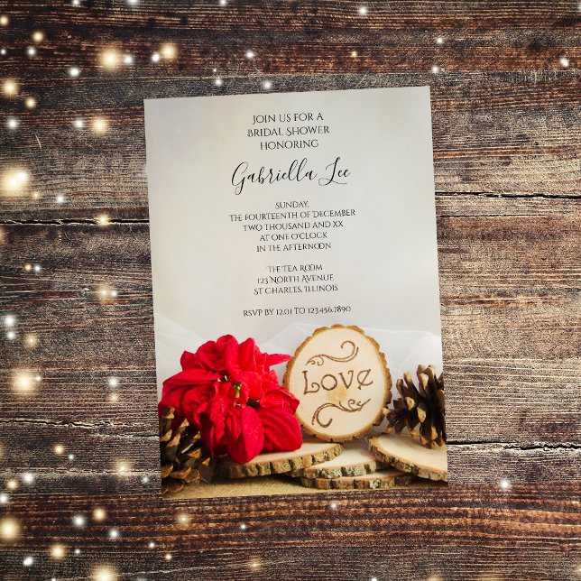 Rustic Poinsettia Woodland Winter Bridal Shower Invitation (Perfect inspo for your rustic wintery bridal shower!)