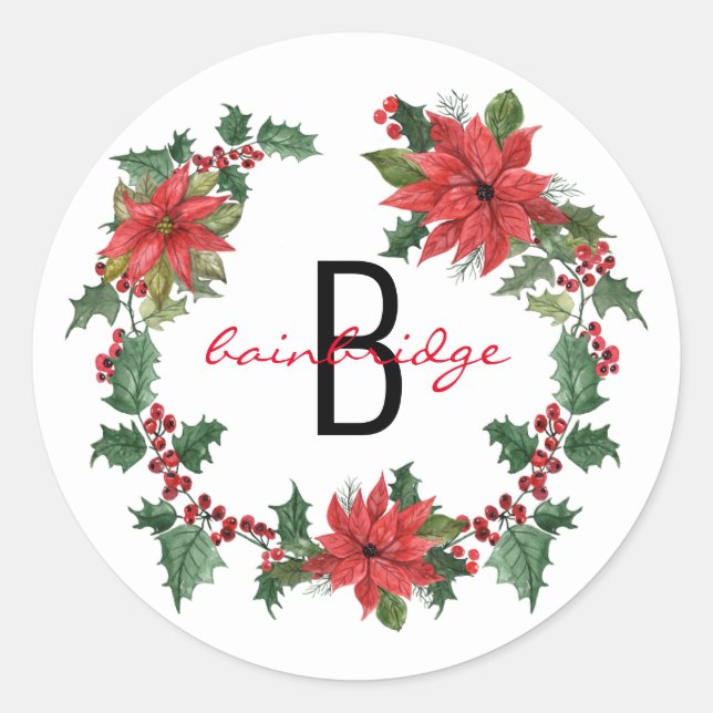 Rustic Poinsettia Wreath Monogrammed Christmas Classic Round Sticker (Front)
