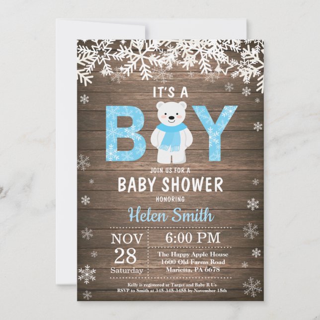 Rustic Polar Bear Winter Boy Baby Shower Invitation (Front)