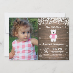 Rustic Polar Bear Winter Girl Birthday Photo Invitation