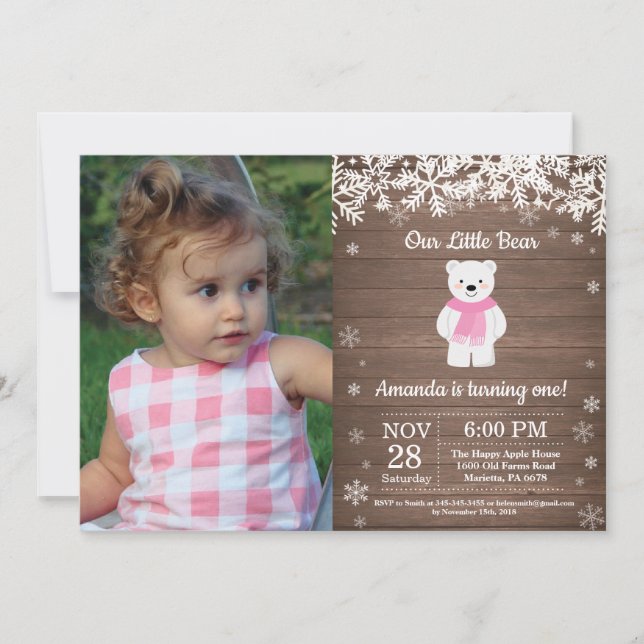 Rustic Polar Bear Winter Girl Birthday Photo Invitation (Front)