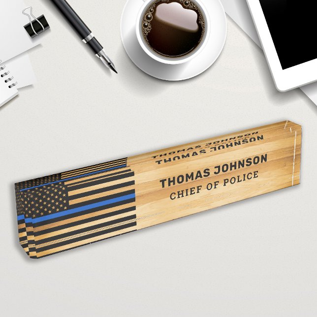 Rustic Police Officer Thin Blue Line Flag Wood Nameplate (Creator Uploaded)