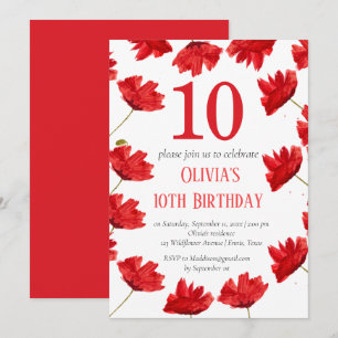 Rustic Poppy 10th Birthday Wildflower Red Floral Invitation