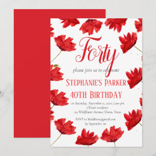 Rustic Poppy 40th Birthday Wildflower Red Floral Invitation