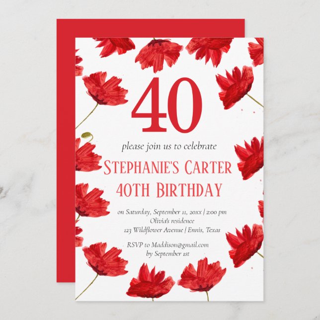 Rustic Poppy 40th Birthday Wildflower Red Floral Invitation (Front/Back)