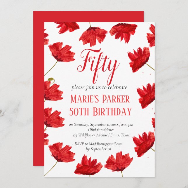 Rustic Poppy 50th Birthday Wildflower Red Floral Invitation (Front/Back)