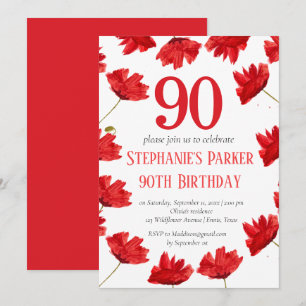 Rustic Poppy 90th Birthday Wildflower Red Floral Invitation