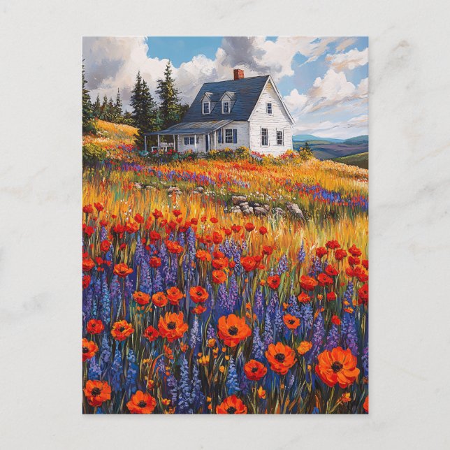 Rustic Poppy and Lupine Flower Field Postcard (Front)