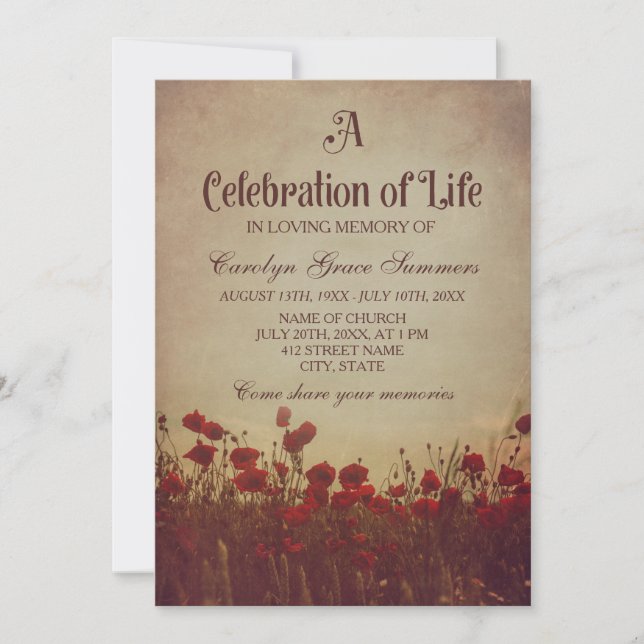 Rustic Poppy Field Celebration of Life Invitation (Front)
