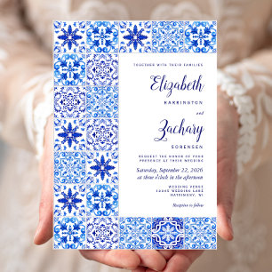 Rustic Portuguese Tile Blue White Wedding Invitation