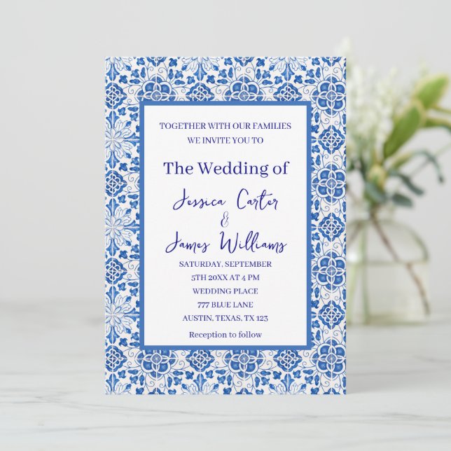 Rustic Portuguese Tiles Mediterranean Wedding Invitation (Standing Front)