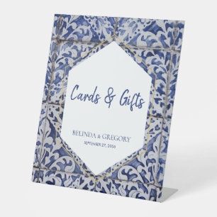 Rustic Portuguese Tiles Wedding Cards & Gifts Pedestal Sign