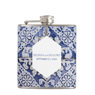 Rustic Portuguese Tiles Wedding Hip Flask