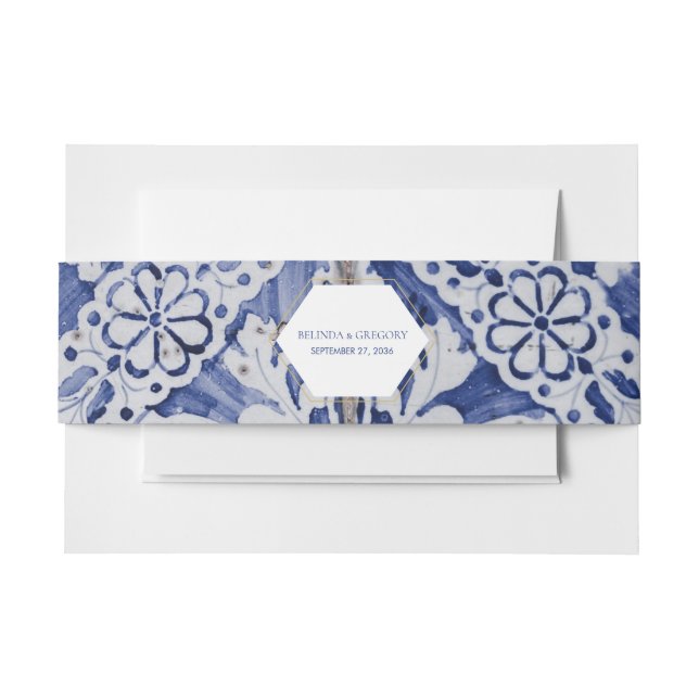 Rustic Portuguese Tiles Wedding  Invitation Belly Band (Front Example)