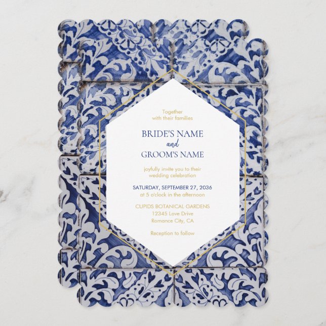 Rustic Portuguese Tiles Wedding Invitations (Front/Back)