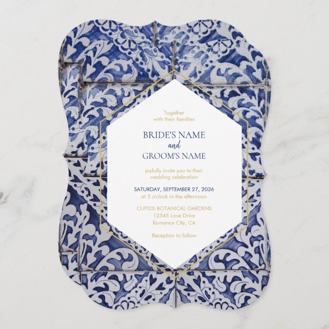 Rustic Portuguese Tiles Wedding Invitations (Front/Back)
