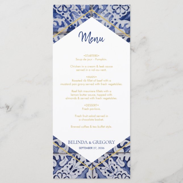 Rustic Portuguese Tiles Wedding Menu (Front)