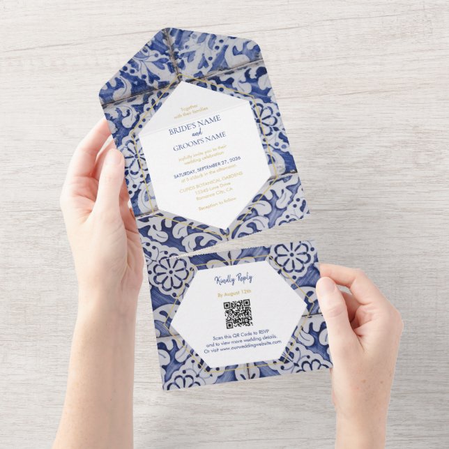 Rustic Portuguese Tiles Wedding QR Code All In One Invitation (Tearaway)
