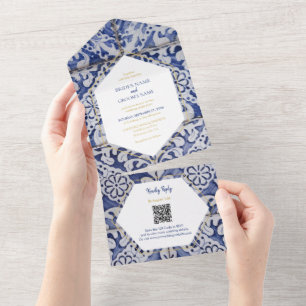 Rustic Portuguese Tiles Wedding QR Code All In One Invitation