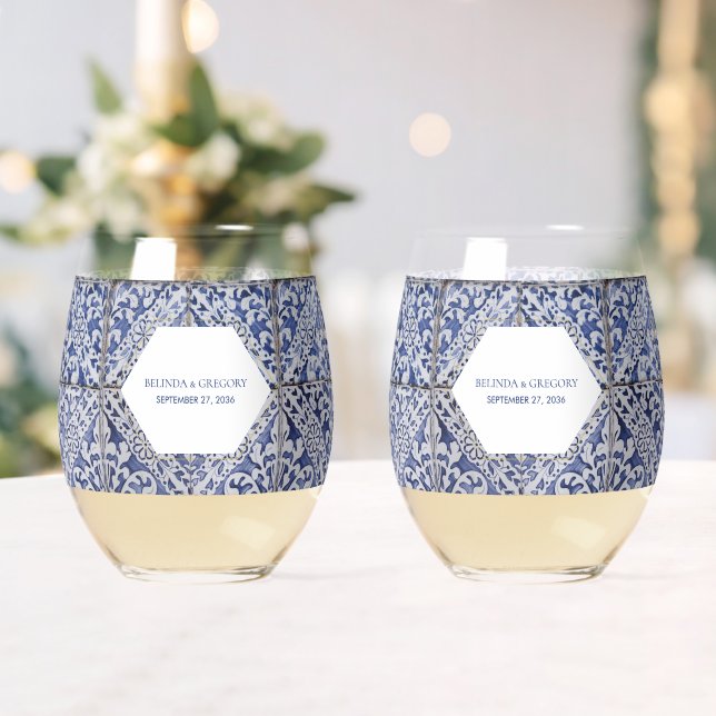 Rustic Portuguese Tiles Wedding Stemless Wine Glass (Insitu (Wedding))