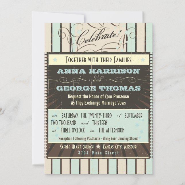 Rustic Poster: Blue & Cocoa Custom Wedding Invitation (Front)