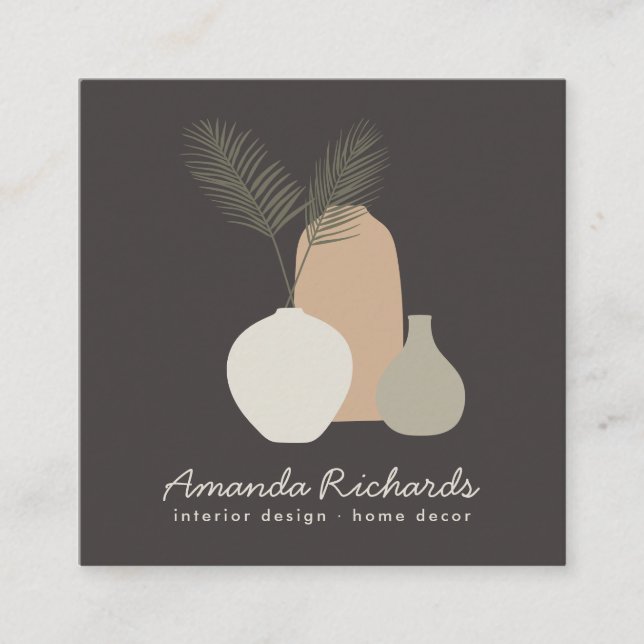 Rustic pottery decor plants boho brown interiors square business card (Front)