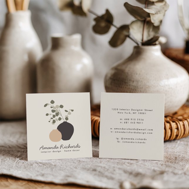Rustic pottery decor plants boho cream interiors square business card (Rustic pottery decor plants boho cream interiors)
