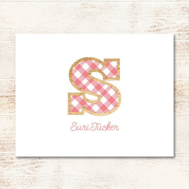 Rustic Preppy Monogram "S" Pink Gingham Wood Girl Card (Creator Uploaded)