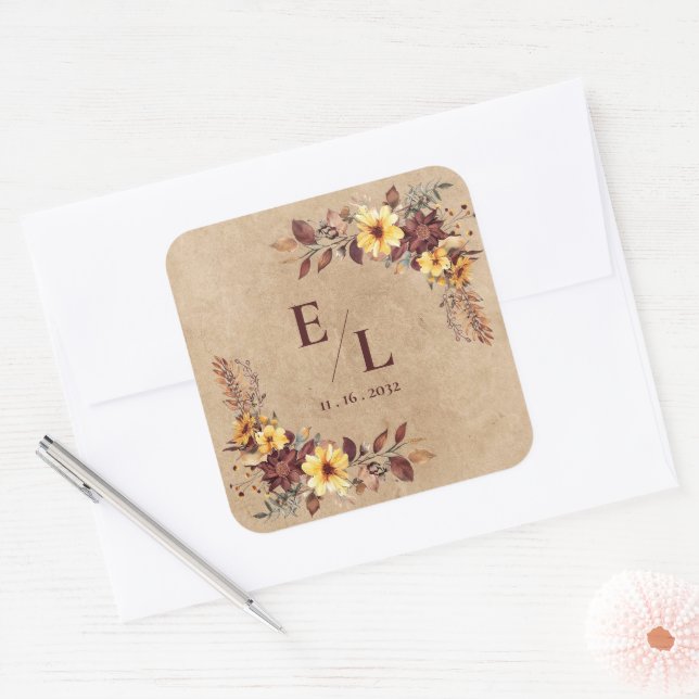 Rustic Pretty Autumn Fall Floral Monogram Wedding Square Sticker (Envelope)