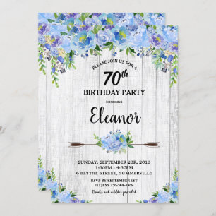 Rustic Pretty Blue Floral Flowers 70th Birthday Invitation