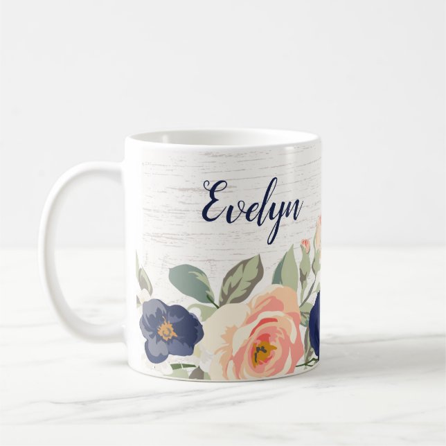 Rustic Pretty Navy Blue, Peach Floral Personalised Coffee Mug (Left)