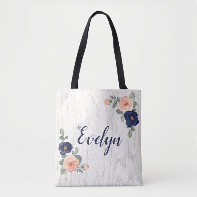 Rustic Pretty Navy Blue, Peach Floral Personalised Tote Bag (Front)