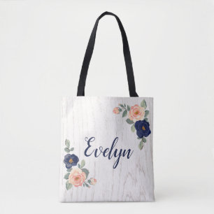 Rustic Pretty Navy Blue, Peach Floral Personalized Tote Bag