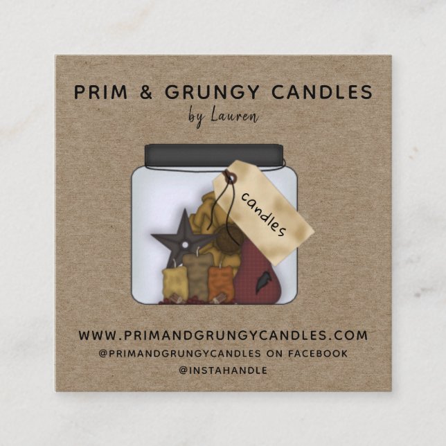 RUSTIC PRIMITIVE COUNTRY GRUBBY CANDLE SQUARE BUSINESS CARD (Front)