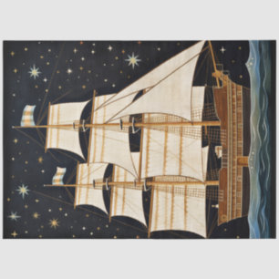 Rustic Primitive Tall Ship At Night Decoupage Tissue Paper
