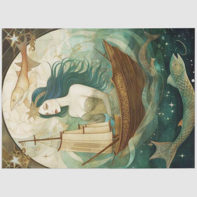 Rustic Primitive Woman With Fish Decoupage     Tissue Paper (Front)