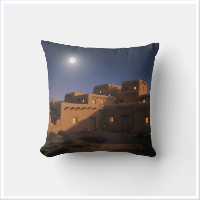Rustic Pueblo Adobe Home Under Moonlit Sky Cushion (Creator Uploaded)