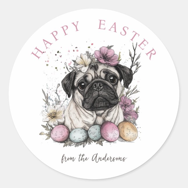 Rustic pug dog Easter botanicals  Classic Round Sticker (Front)