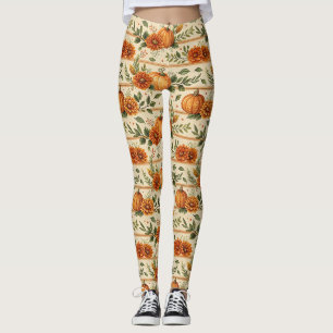 Rustic Pumpkin and Chrysanthemum Autumn Pattern Leggings