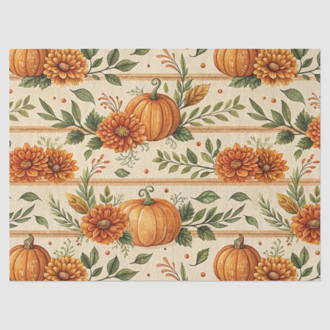 Rustic Pumpkin and Chrysanthemum Autumn Pattern Tissue Paper (Front)
