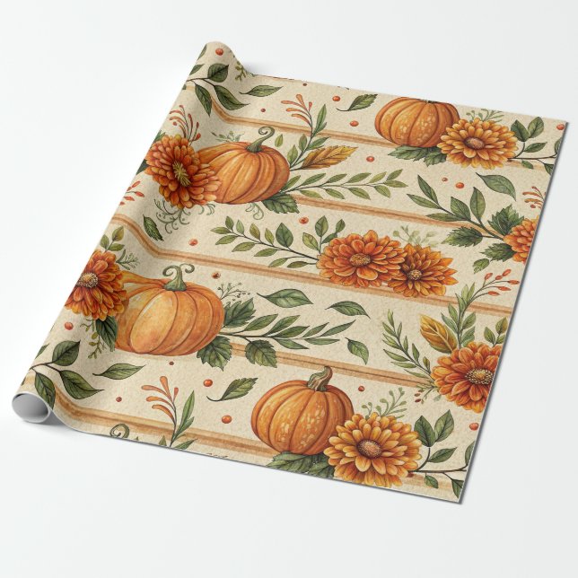 Rustic Pumpkin and Chrysanthemum Autumn Pattern Wrapping Paper (Unrolled)
