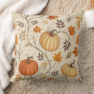 Rustic Pumpkin and Fall Foliage Pattern Cushion