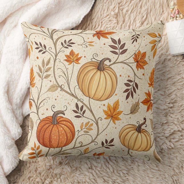 Rustic Pumpkin and Fall Foliage Pattern Cushion (Blanket)