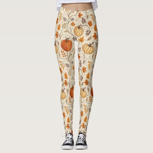 Rustic Pumpkin and Fall Foliage Pattern Leggings (Front)