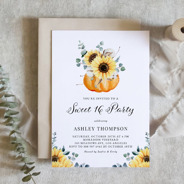 Rustic Pumpkin and Sunflowers Fall Sweet 16 Party Invitation (Customizable fall sweet 16 invitation featuring watercolor pumpkin, sunflowers and greenery.)