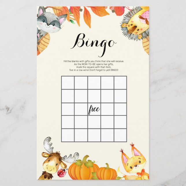 Rustic Pumpkin Animal Watercolor Bingo Game (Front)