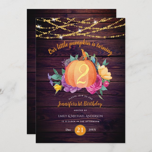 Rustic Pumpkin ANY Birthday Watercolor FALL Modern Invitation (Front/Back)