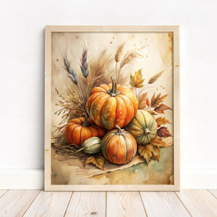 Rustic Pumpkin & Autumn Leaves Boho Fall Wall Art