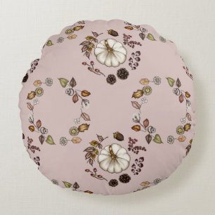Rustic Pumpkin & Autumn Leaves Wreath Pattern Round Cushion
