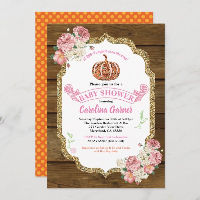 Rustic pumpkin baby girl shower invitation wood (Front/Back)